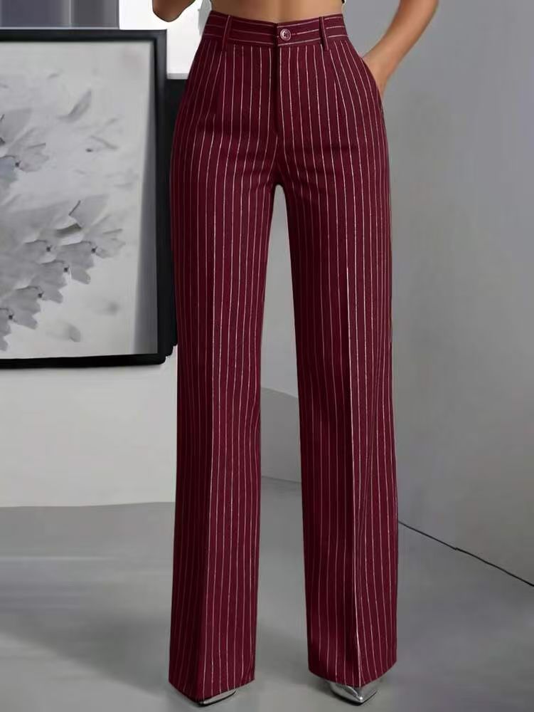 Pantalones de traje de mujer, de cintura alta, con rayas verticales y corte ancho, ideales para ir al trabajo