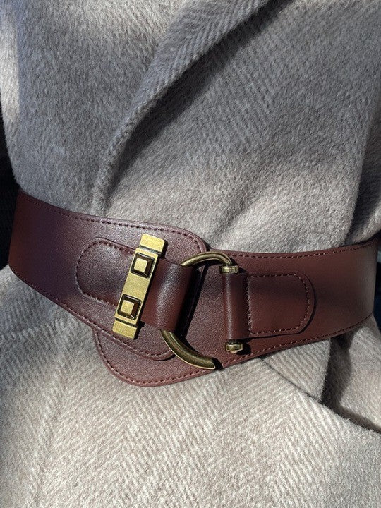 Accesorios retro y versátiles: cinturón ancho elástico de color café