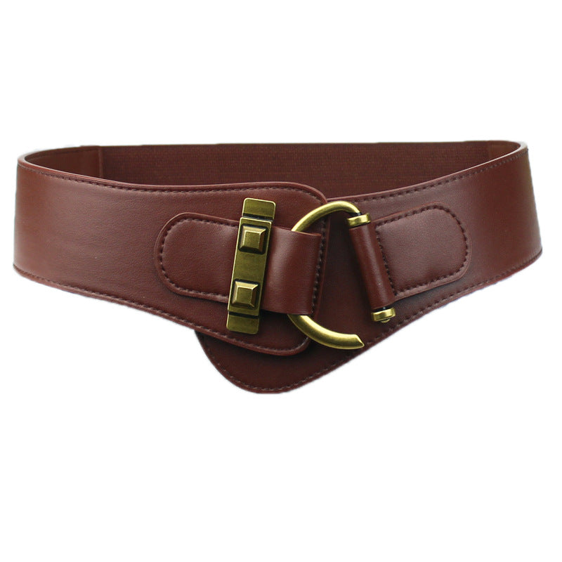Accesorios retro y versátiles: cinturón ancho elástico de color café