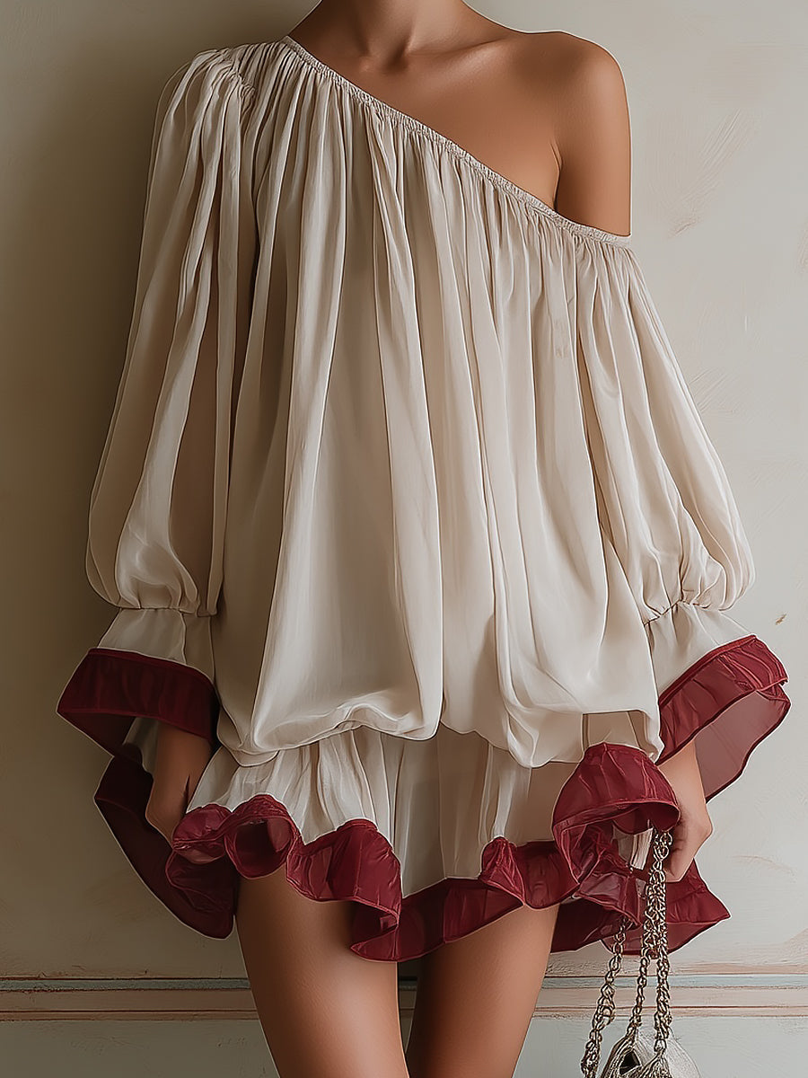 Minivestido francés de un solo hombro con bloques de color y bajo con volantes