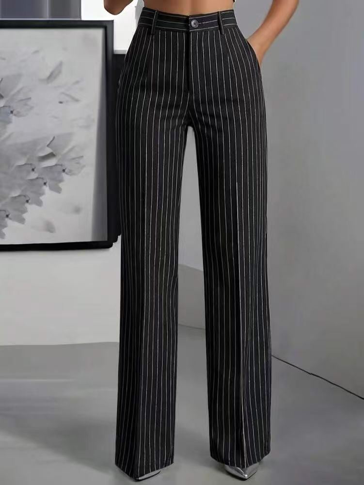 Pantalones de traje de mujer, de cintura alta, con rayas verticales y corte ancho, ideales para ir al trabajo