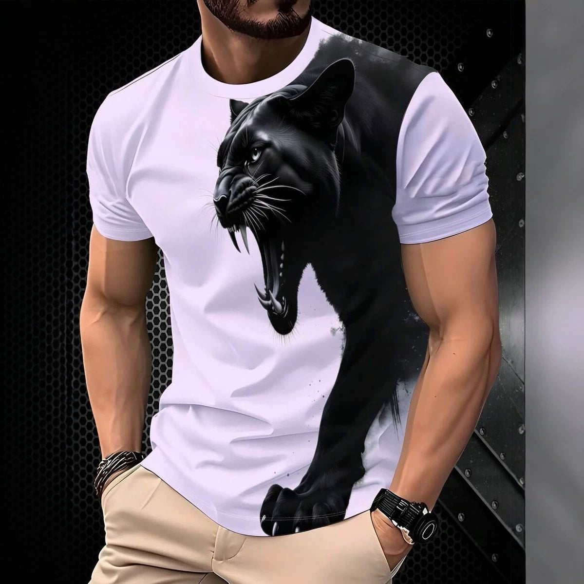 Camiseta de manga corta informal para hombre, con cuello redondo y estampado de pantera negra