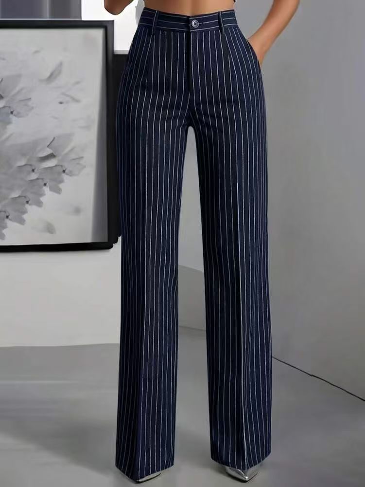 Pantalones de traje de mujer, de cintura alta, con rayas verticales y corte ancho, ideales para ir al trabajo