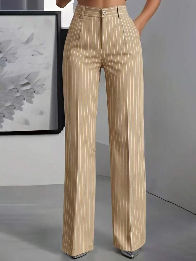 Pantalones de traje de mujer, de cintura alta, con rayas verticales y corte ancho, ideales para ir al trabajo