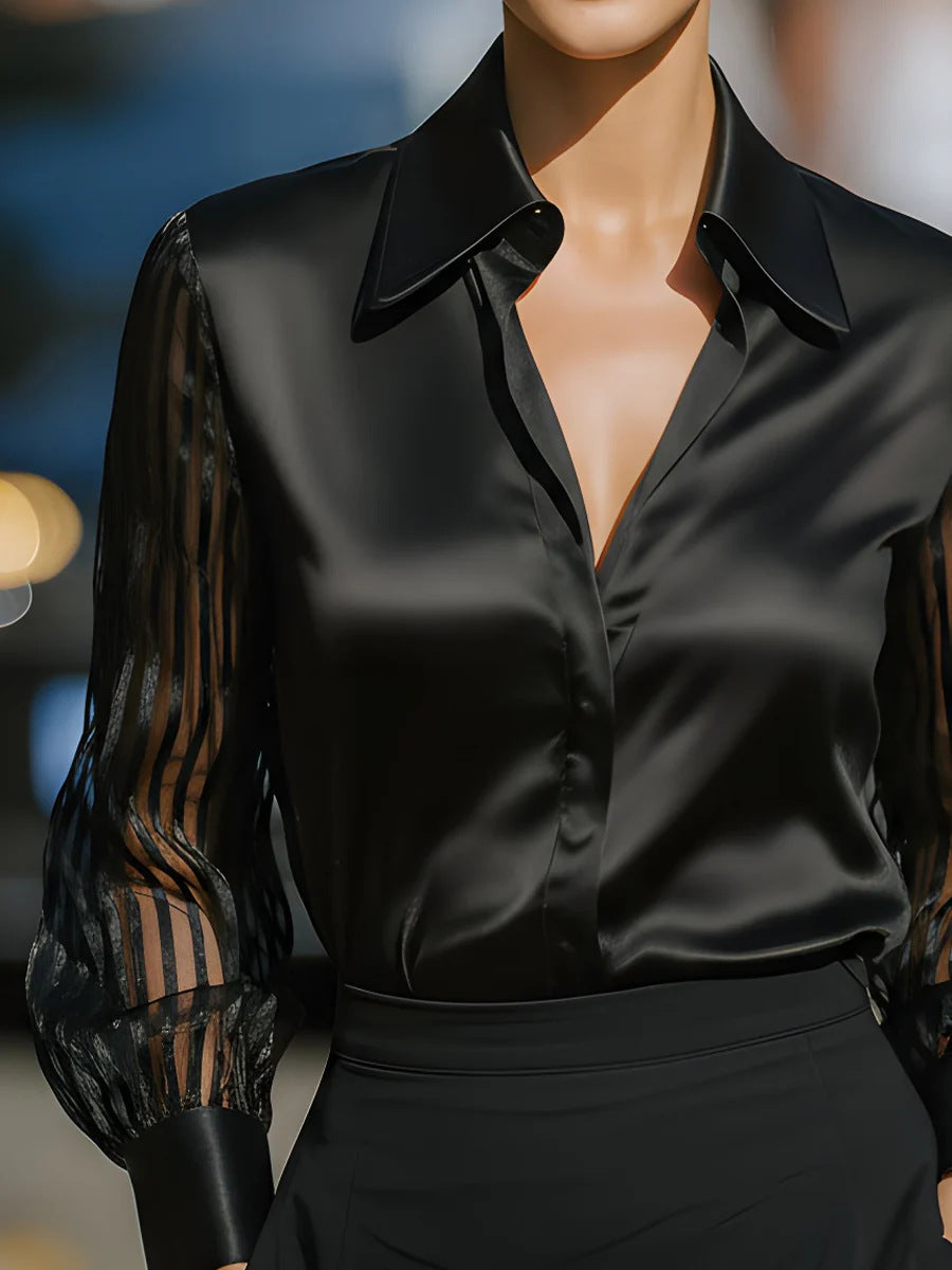Camisa holgada de manga larga de satén negro con detalles de costura