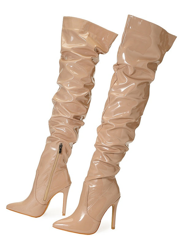 PU Leather Over-the-knee High-heeled Pleated Boots
