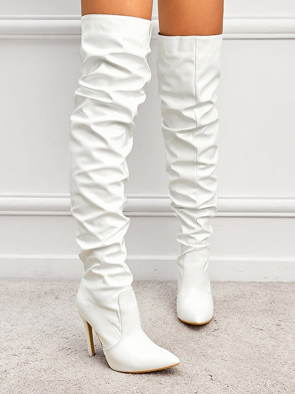 PU Leather Over-the-knee High-heeled Pleated Boots