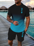 Gradient spade K print short-sleeved top paired with drawstring shorts set
