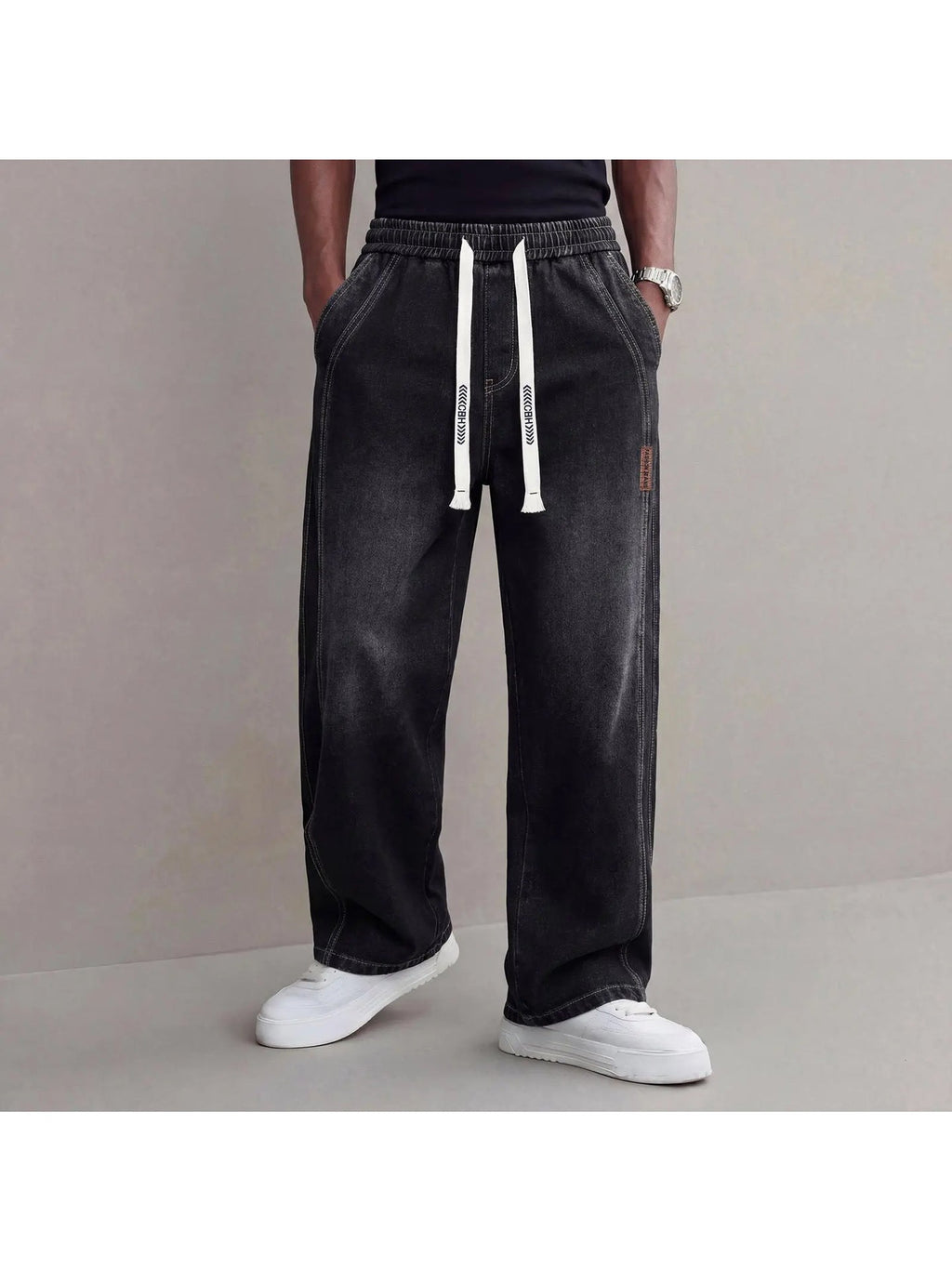 Men's Straight-Leg Wide-Leg Casual Drawstring Elastic Waist Jeans