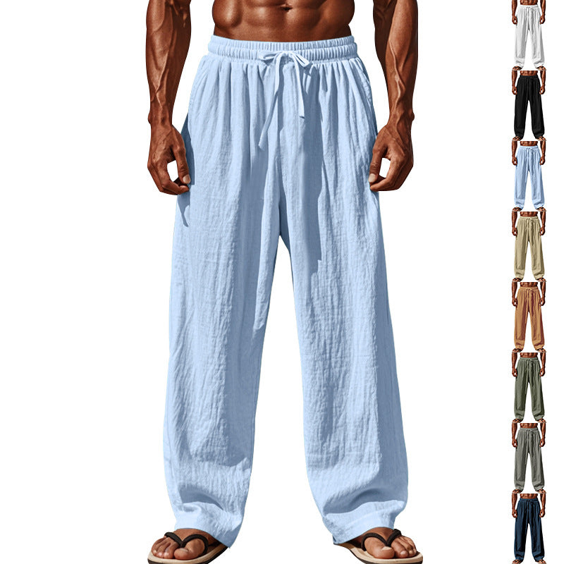 Men's cotton and linen loose-fitting solid color casual drawstring trousers