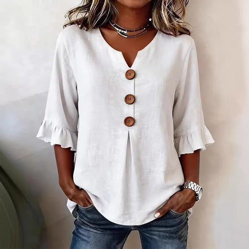 Blusa informal de manga media con cuello en V, botones y volantes