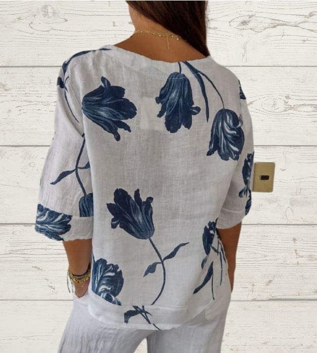 Camiseta de punto con cuello en V de lino y algodón estampada