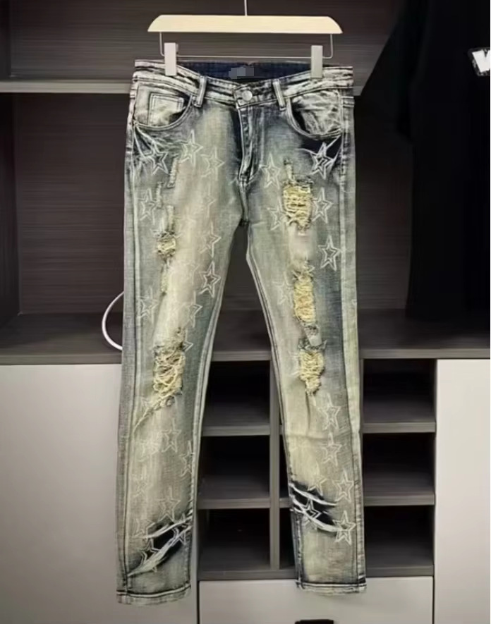 Hip-hop washed frayed star pattern slim-fit street style jeans