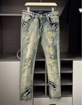 Hip-hop washed frayed star pattern slim-fit street style jeans