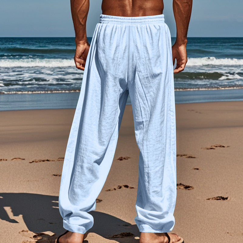 Men's cotton and linen loose-fitting solid color casual drawstring trousers