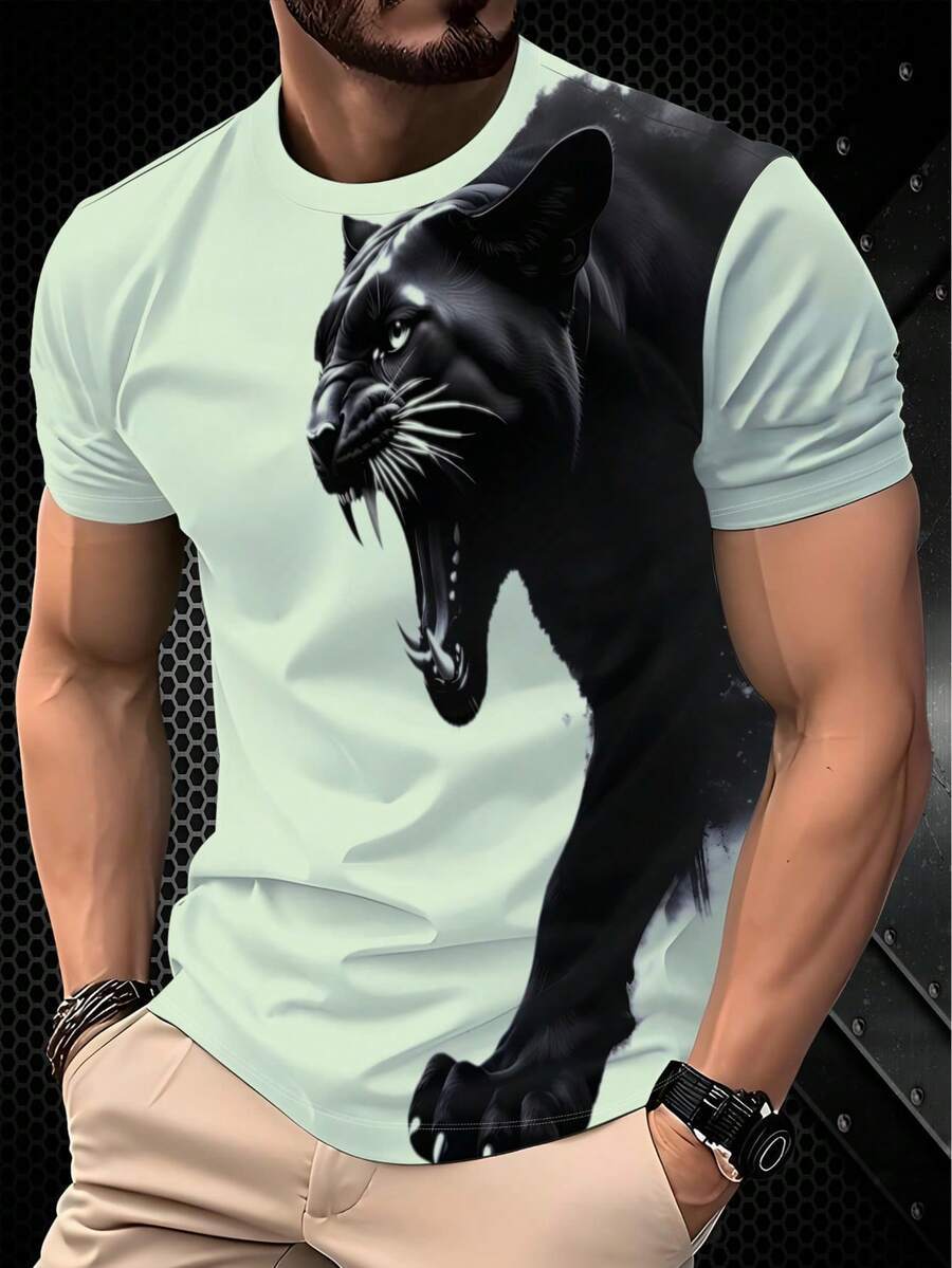 Camiseta de manga corta informal para hombre, con cuello redondo y estampado de pantera negra