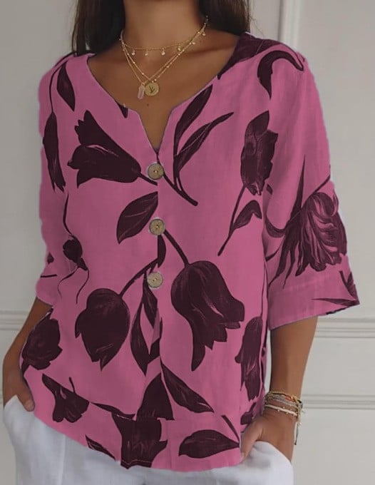 Camiseta de punto con cuello en V de lino y algodón estampada