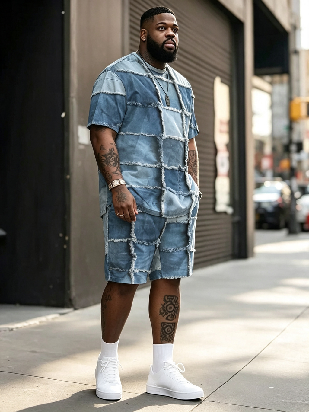 Printed faux denim casual suit