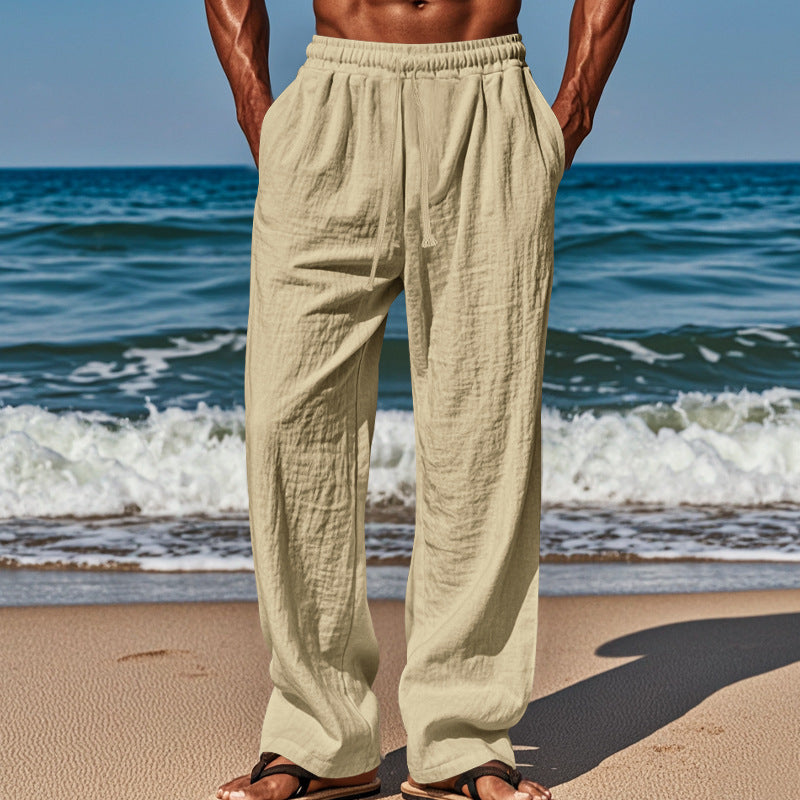 Pantalones informales de algodón y lino para hombre, de corte holgado y color liso, con cordón ajustable