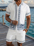 Men's Blue Ethnic Floral Print Short Sleeve Shirt & Drawstring Shorts Two Piece Beach Set