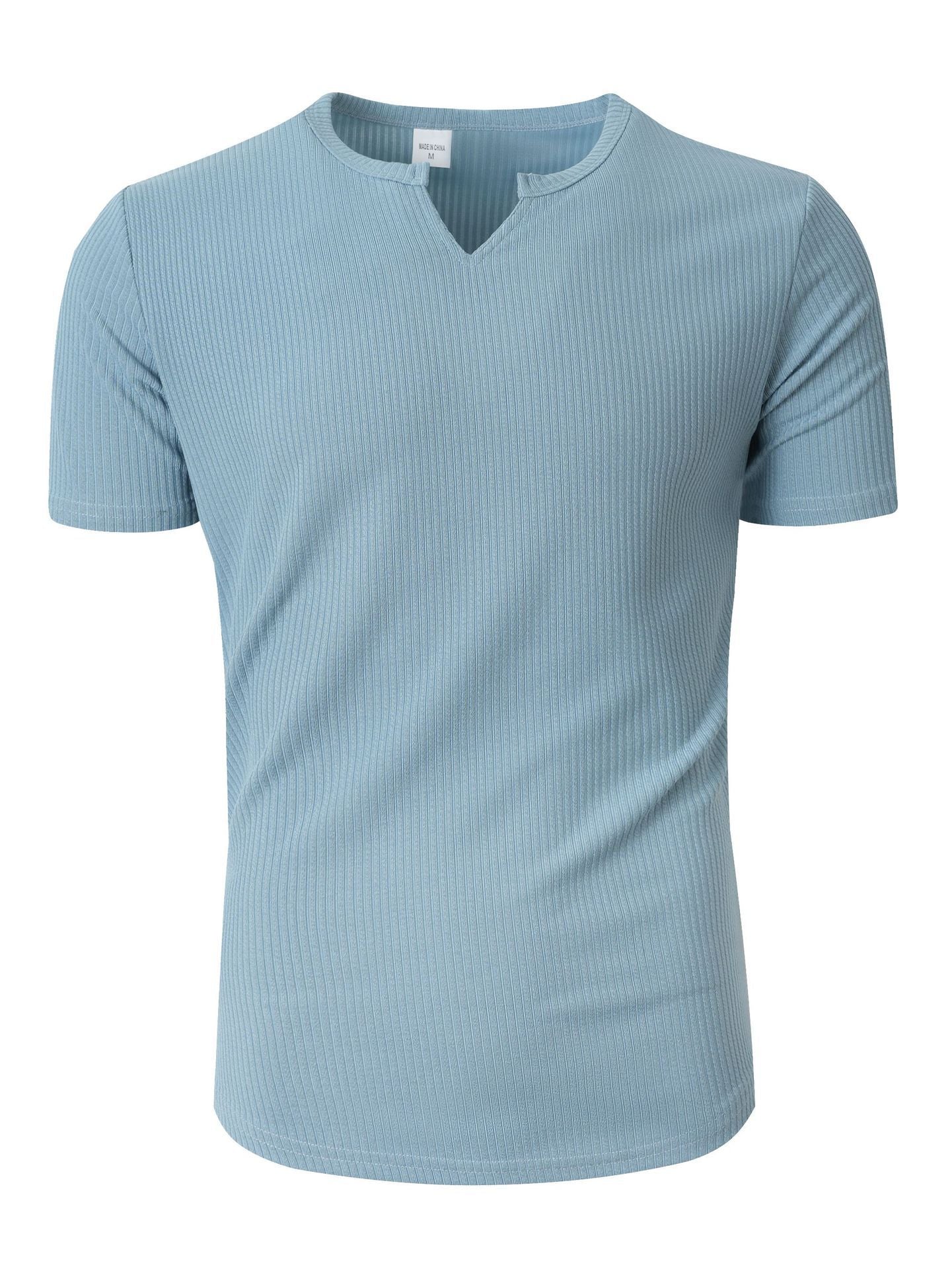 Camiseta de manga corta con cuello Henley a rayas, de estilo deportivo y casual, para hombre, de tejido elástico