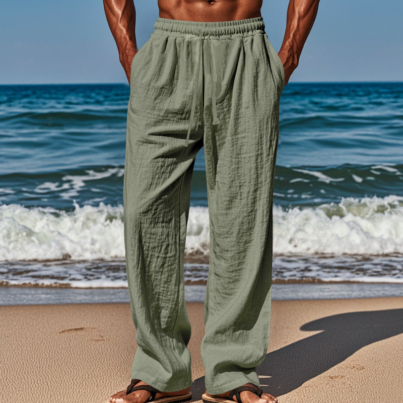 Pantalones informales de algodón y lino para hombre, de corte holgado y color liso, con cordón ajustable