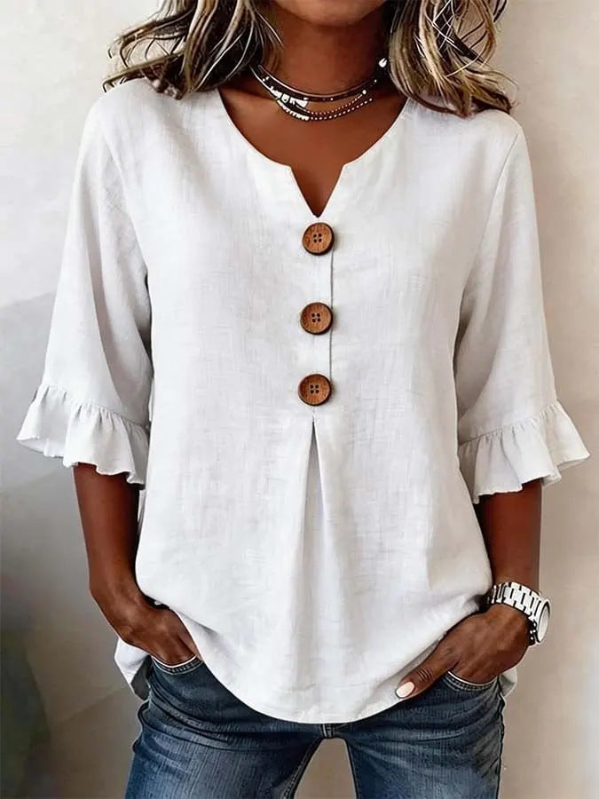 Blusa informal de manga media con cuello en V, botones y volantes
