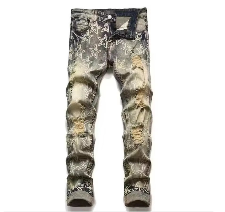 Hip-hop washed frayed star pattern slim-fit street style jeans