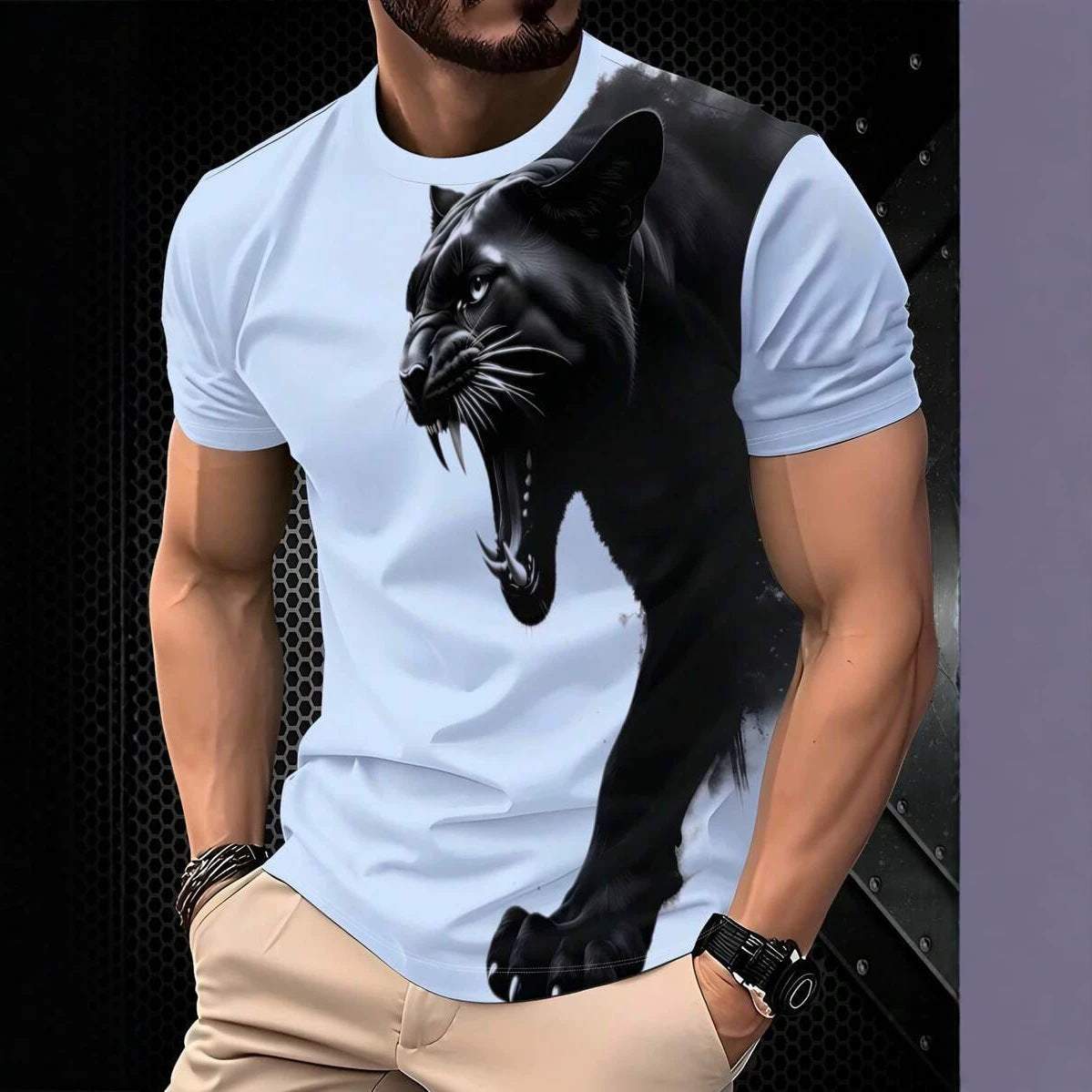 Camiseta de manga corta informal para hombre, con cuello redondo y estampado de pantera negra