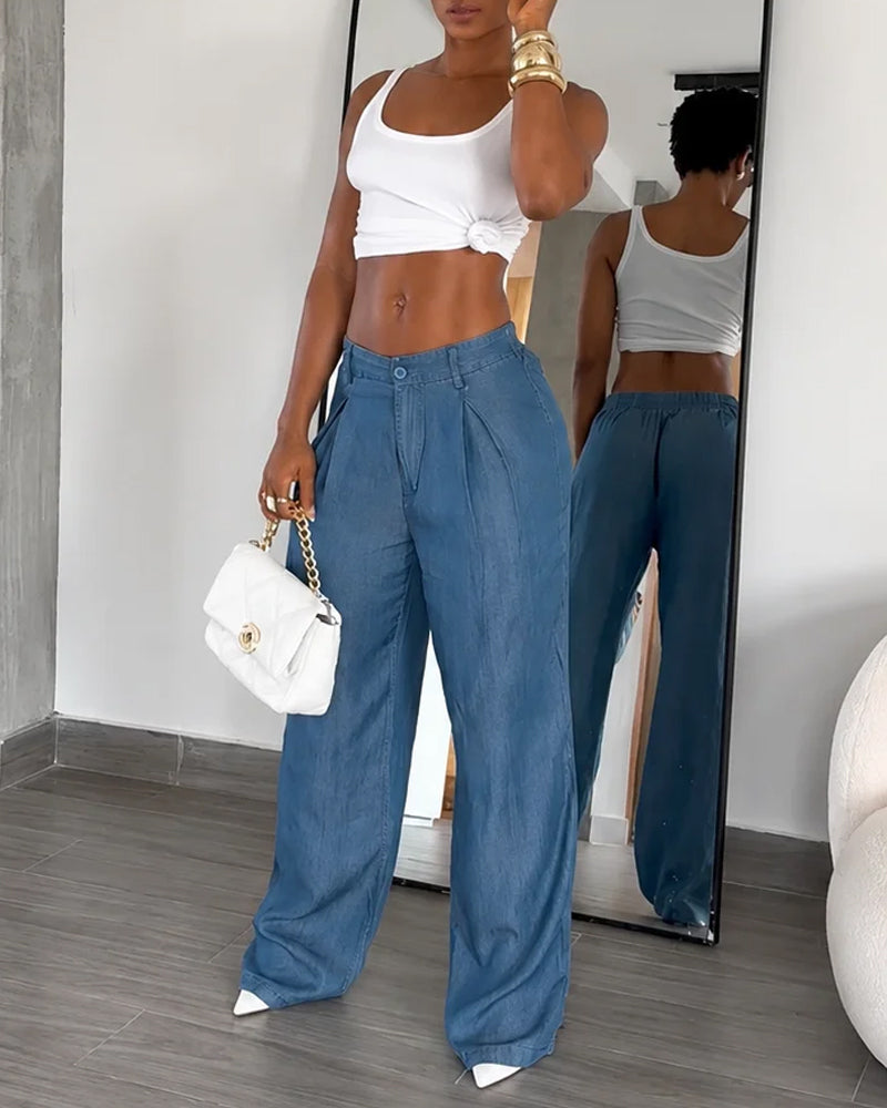 Pantalones de corte ancho de tencel plisado, imitación de vaquero, de cintura alta