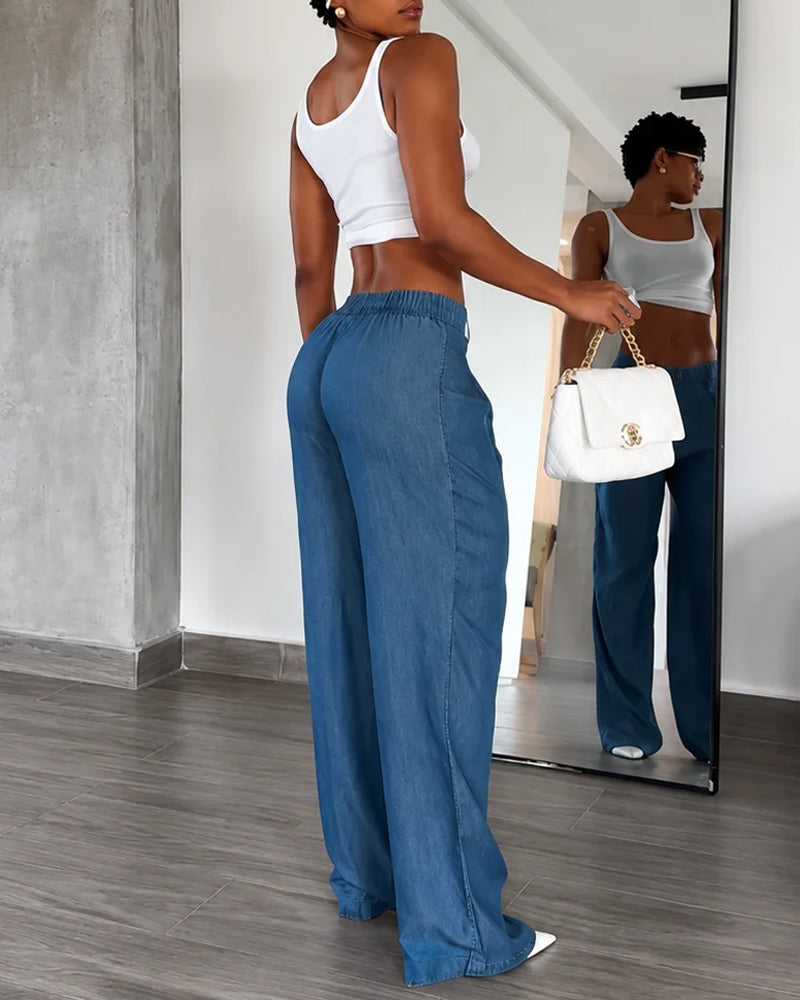 Pantalones de corte ancho de tencel plisado, imitación de vaquero, de cintura alta