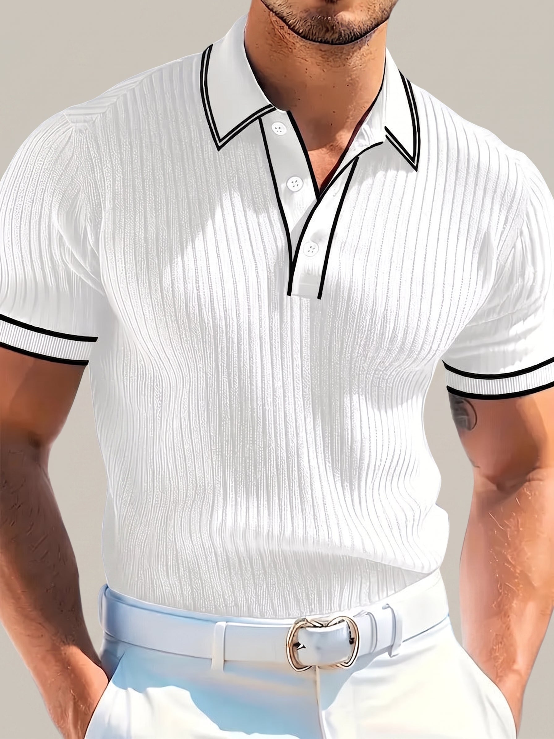 Polo de punto de manga corta para hombre, con canalé vertical y ribete blanco a contraste