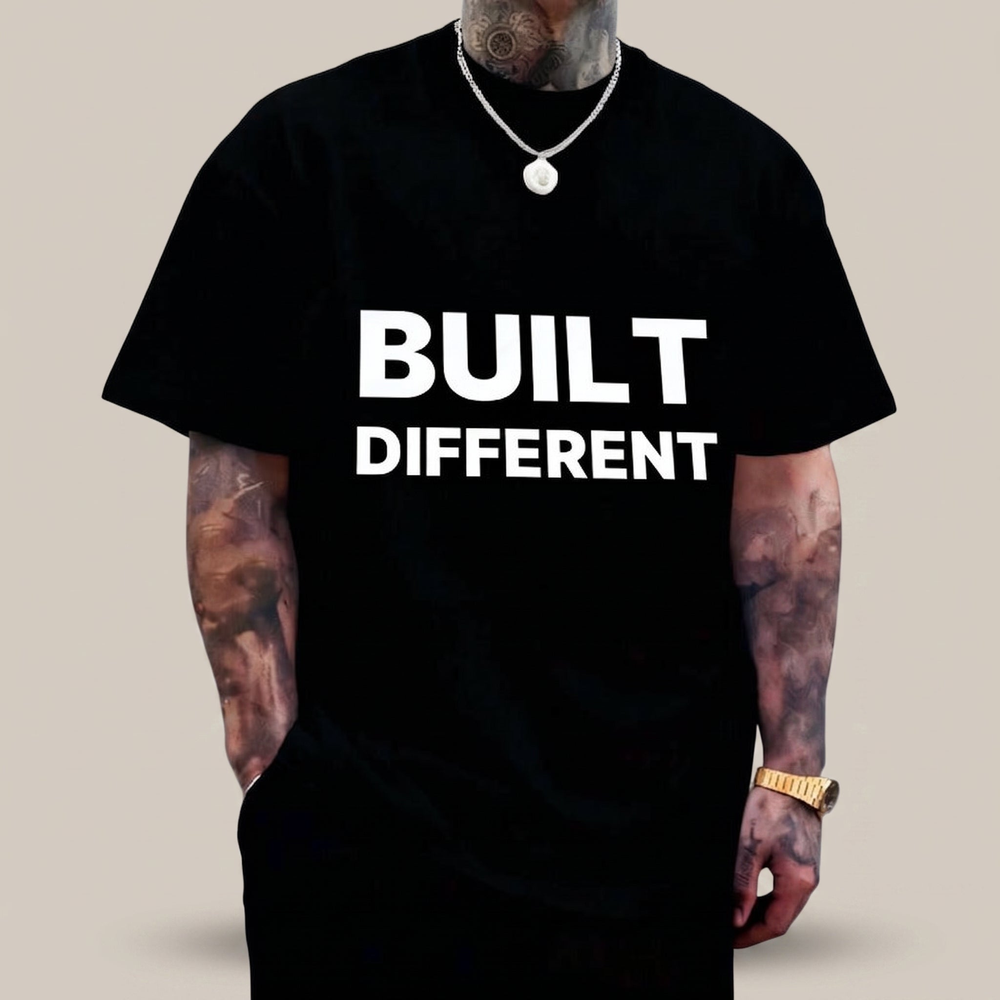 Men's Oversized "BUILT DIFFERENT" Bold Letter Print Crew Neck Cotton T-Shirt