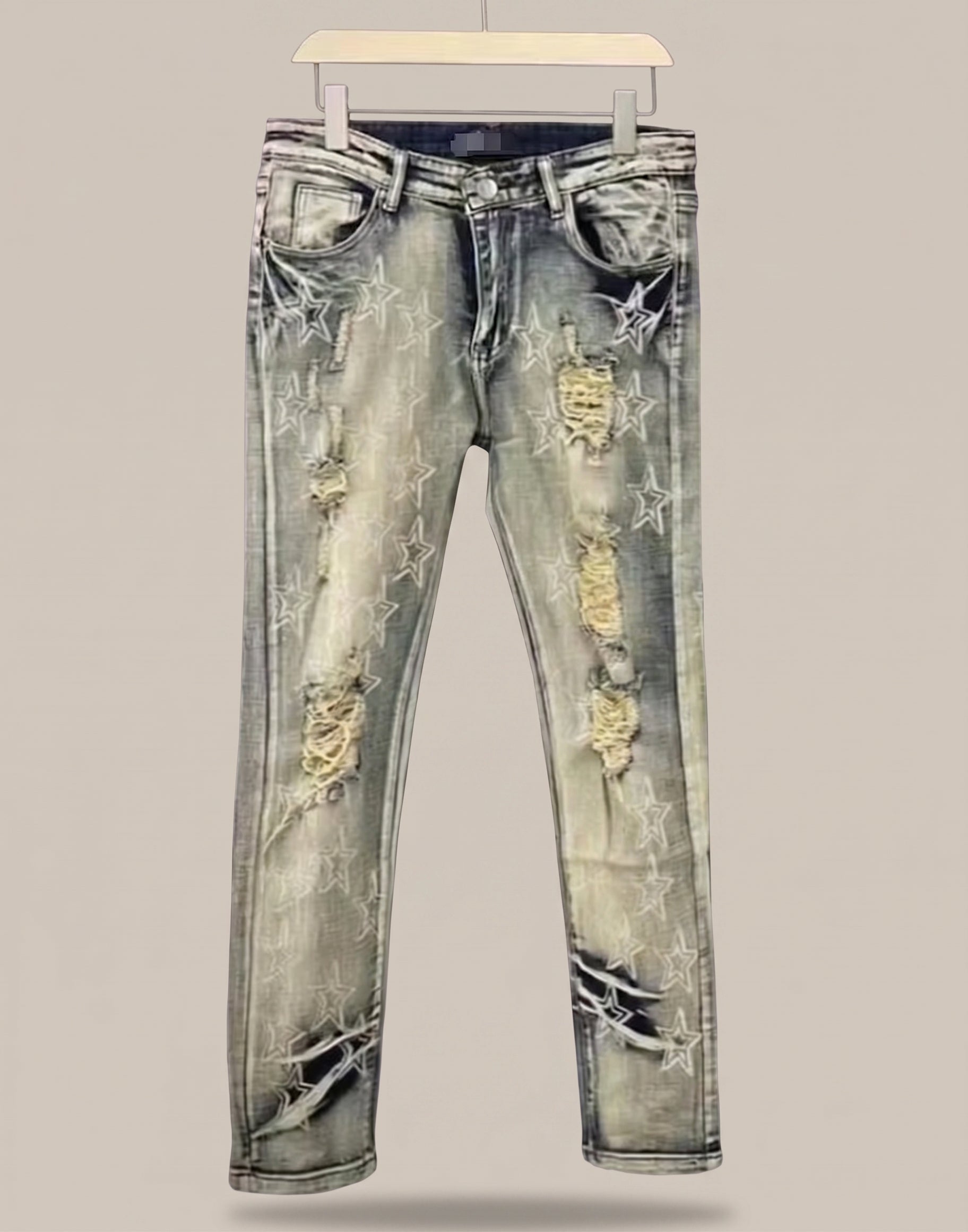 Hip-hop washed frayed star pattern slim-fit street style jeans