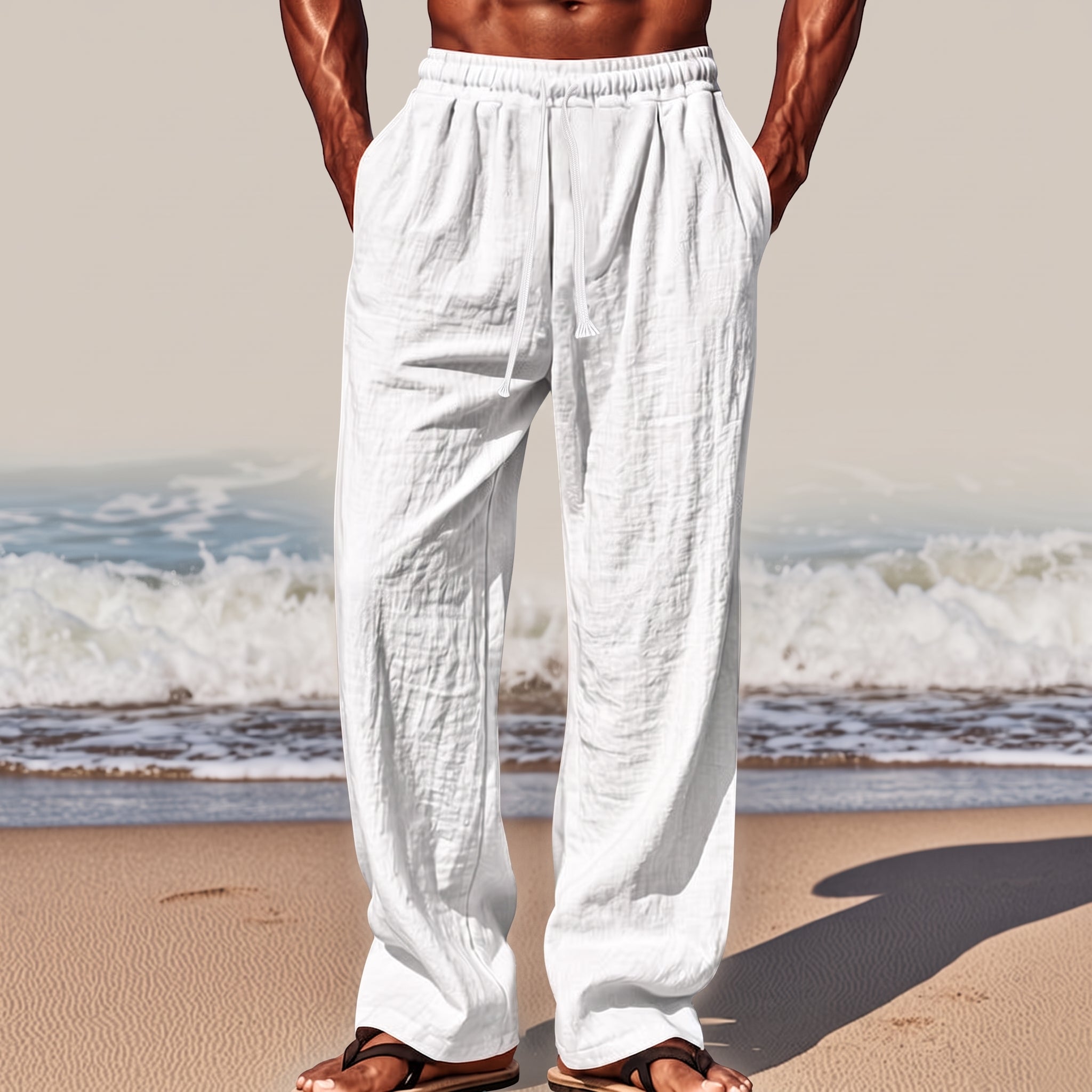 Pantalones informales de algodón y lino para hombre, de corte holgado y color liso, con cordón ajustable