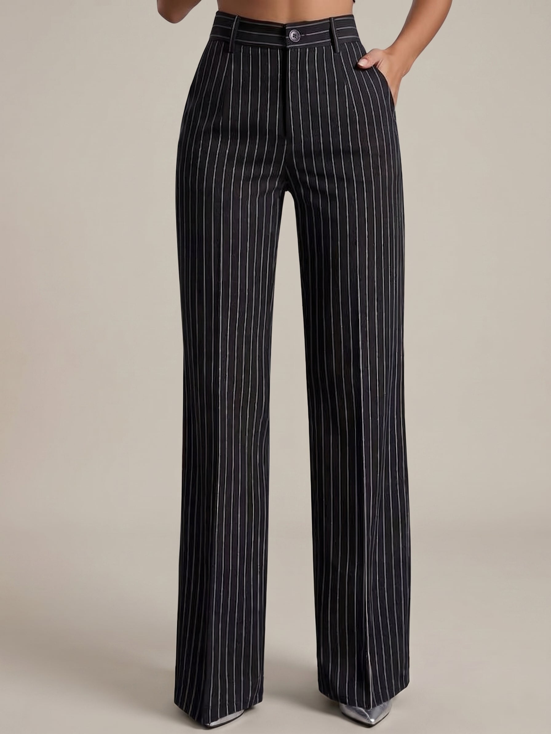 Pantalones de traje de mujer, de cintura alta, con rayas verticales y corte ancho, ideales para ir al trabajo