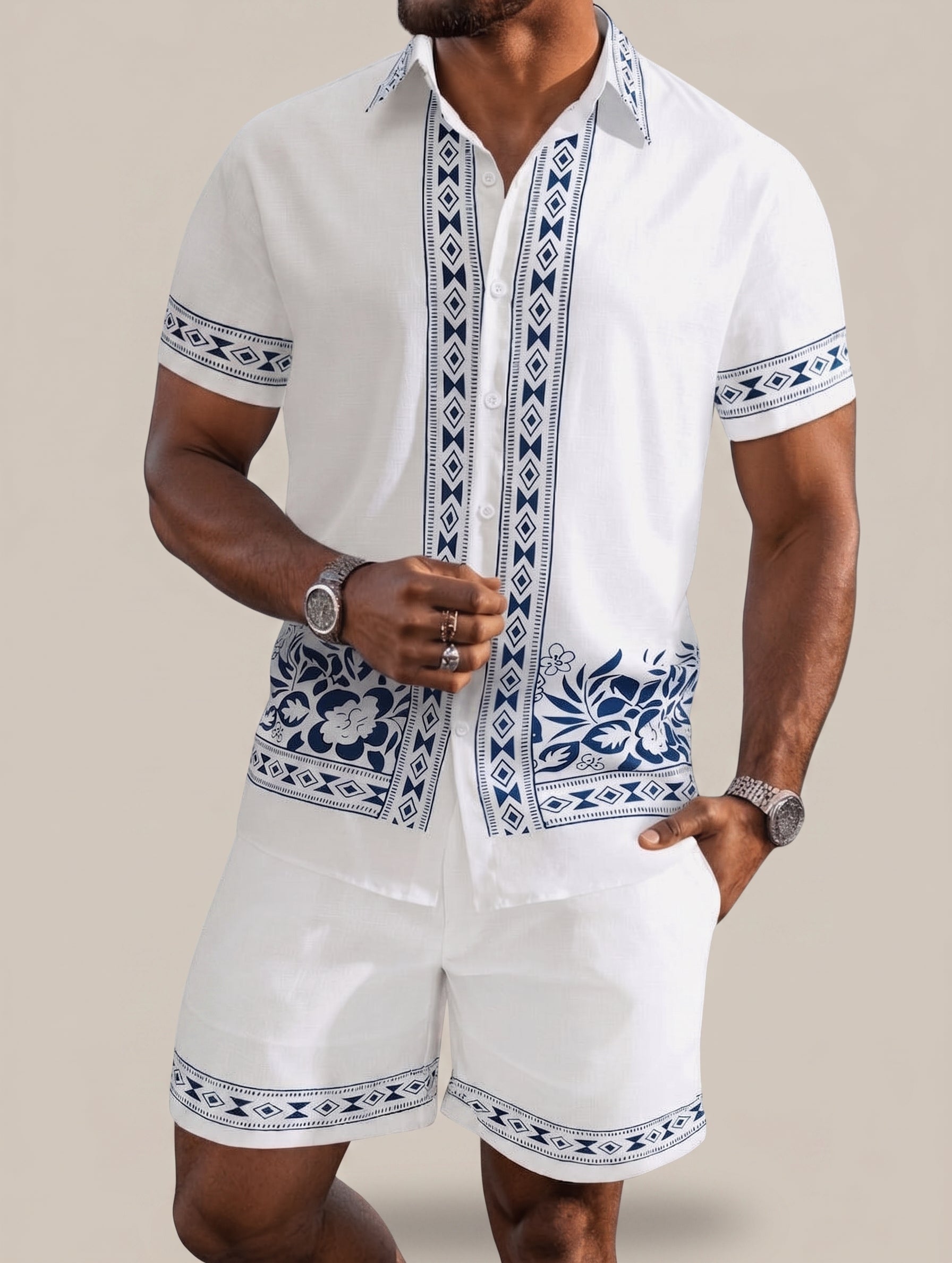 Conjunto de playa de dos piezas para hombre: camisa de manga corta con stampado floral étnico azul y pantalones cortos con cordóne