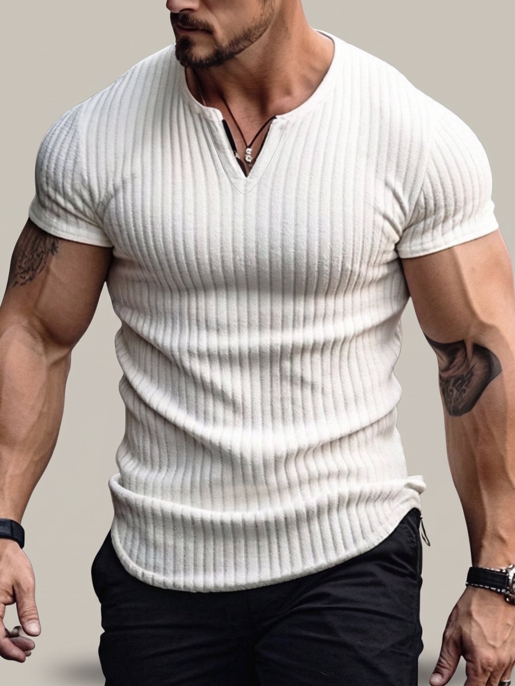 Camiseta de manga corta con cuello Henley a rayas, de estilo deportivo y casual, para hombre, de tejido elástico
