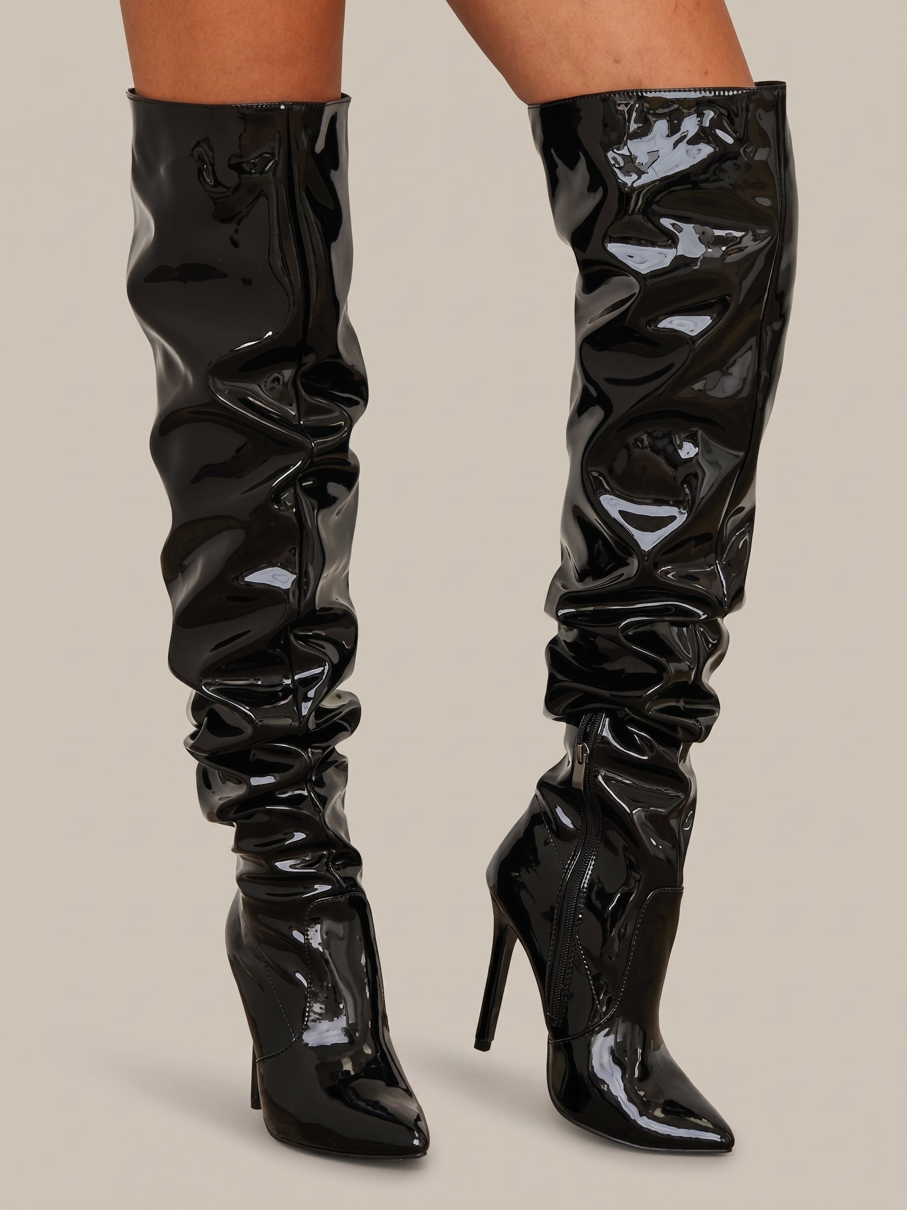 PU Leather Over-the-knee High-heeled Pleated Boots