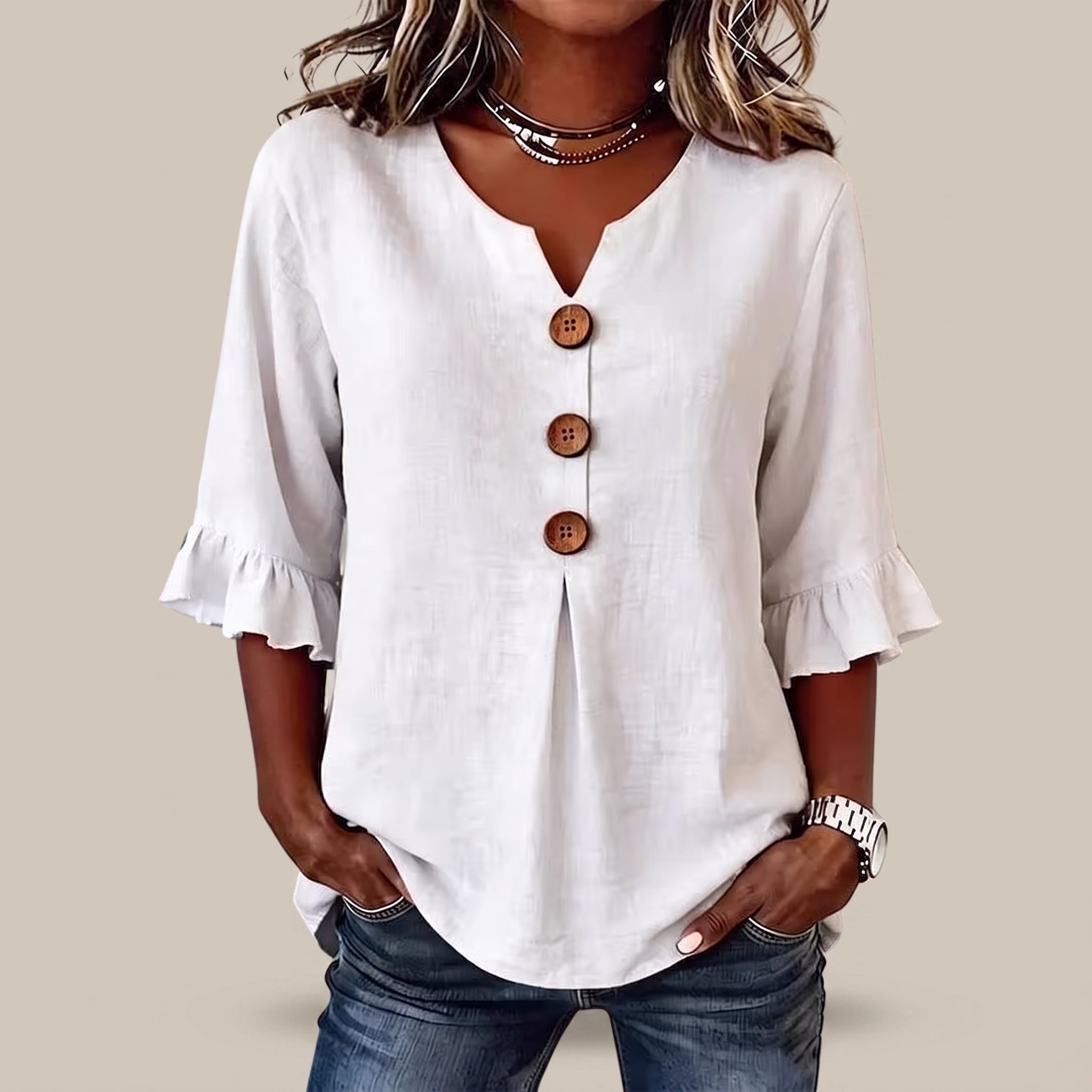 Blusa informal de manga media con cuello en V, botones y volantes
