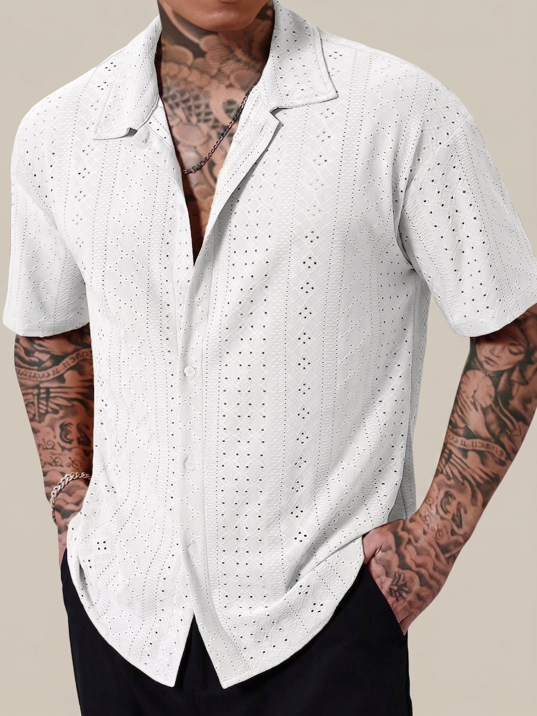 Camisa de verano transpirable con ojales para hombre, con cuello cubano y botones
