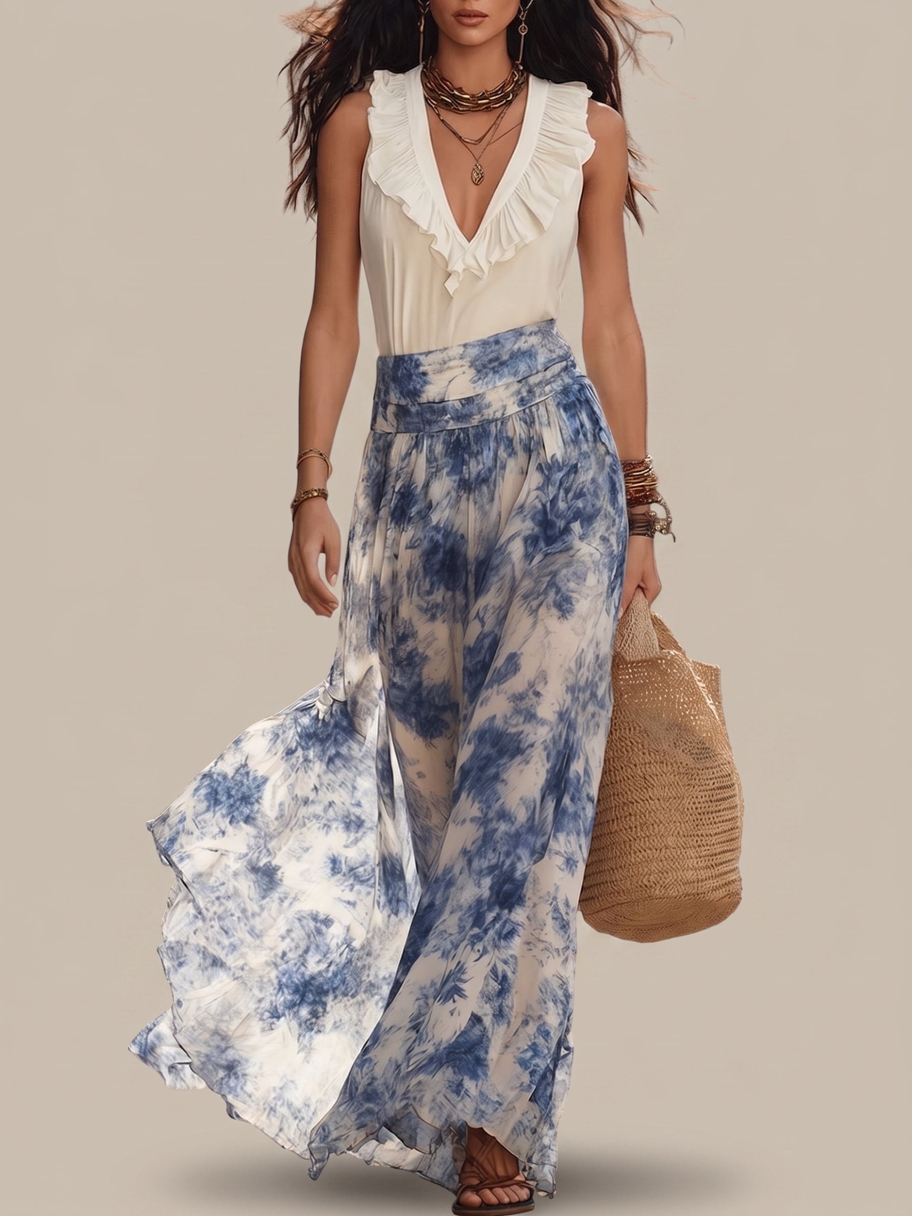 Conjunto de top con cuello en V y estampado floral azul y falda larga