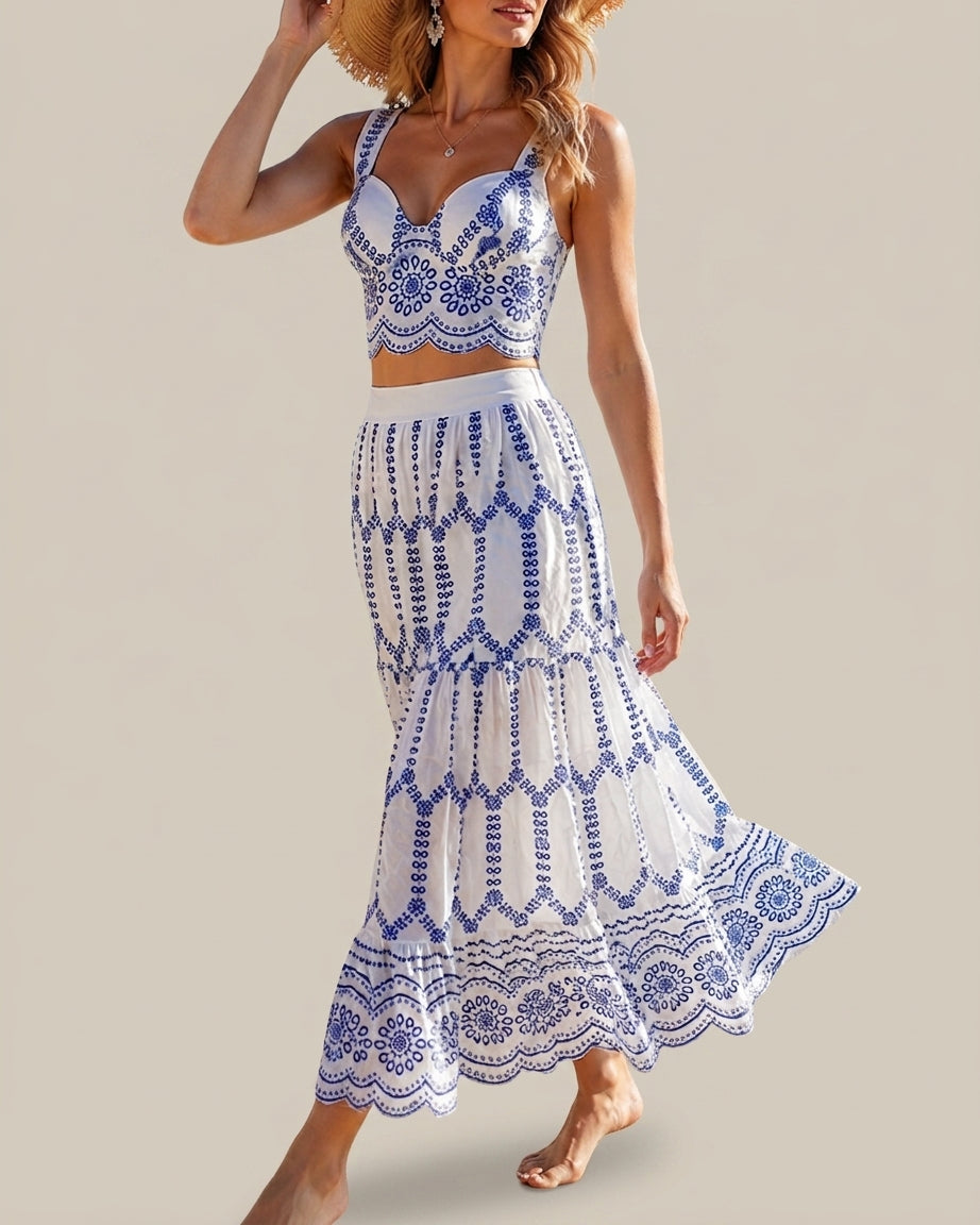 Conjunto de dos piezas de verano con estampado bohemio y lazo delantero