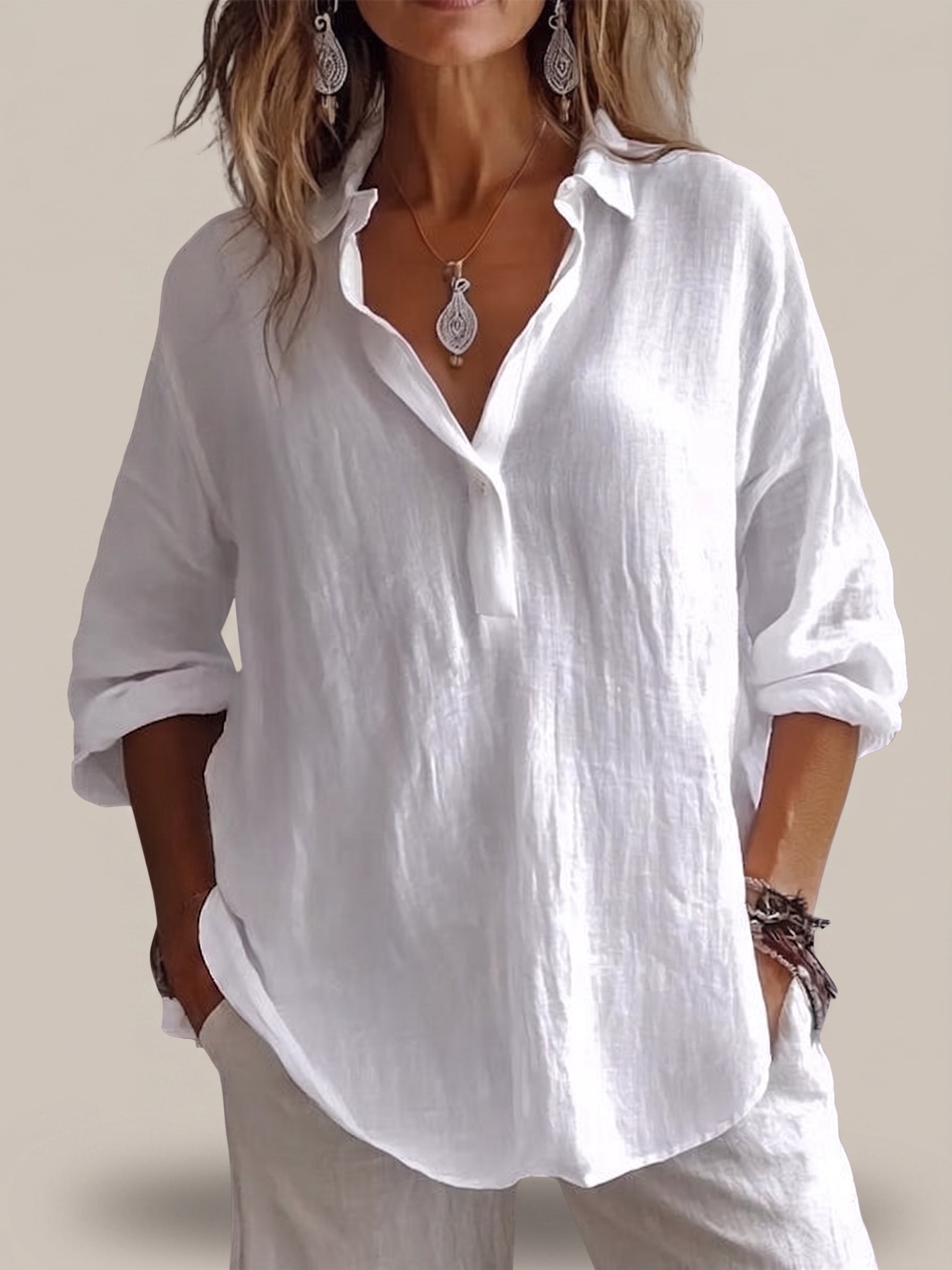 Camisa informal de lino de corte holgado, manga larga y cuello en V