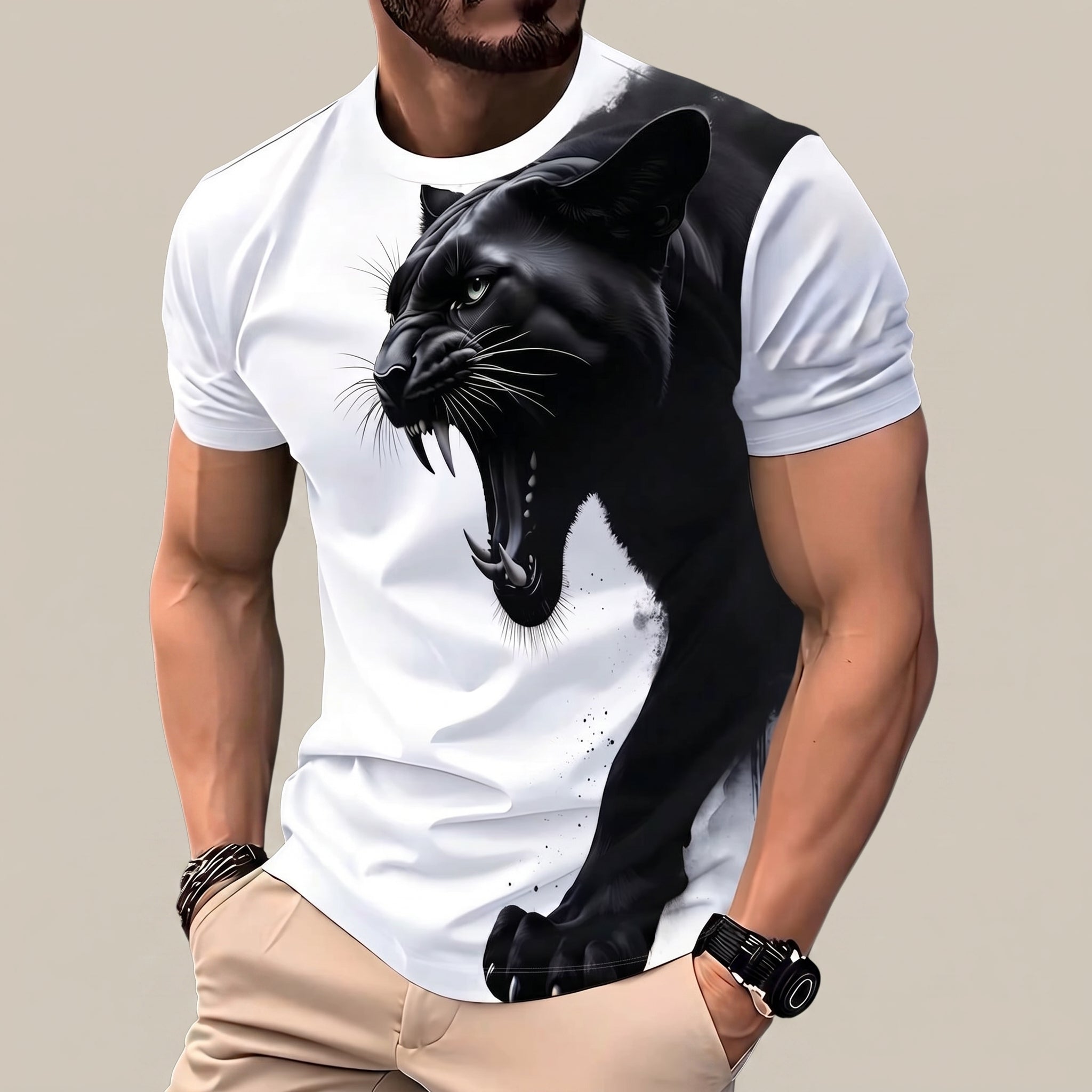 Camiseta de manga corta informal para hombre, con cuello redondo y estampado de pantera negra