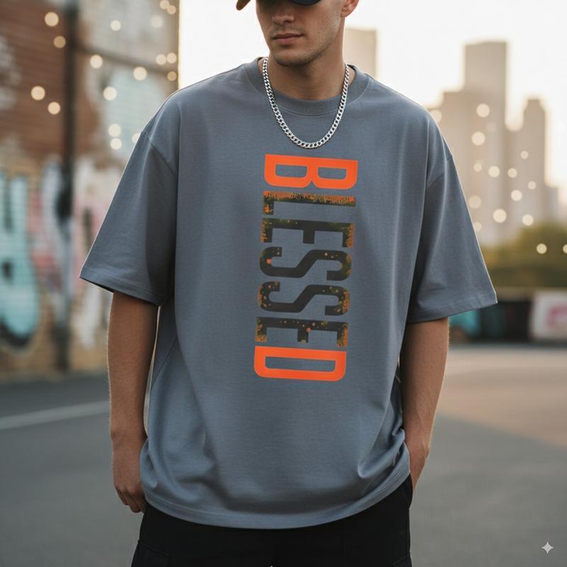 Camiseta con estampado «BLESSED» para hombre, 100 % algodón, de estilo urbano informal