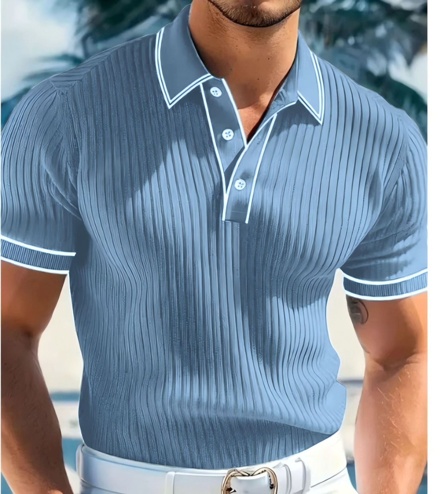 Polo de punto de manga corta para hombre, con canalé vertical y ribete blanco a contraste