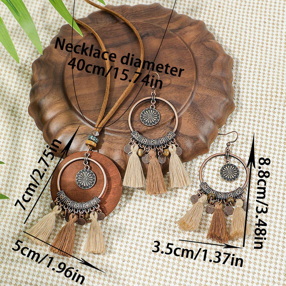 Conjunto de collar y pendientes bohemios con borlas, estilo vintage desgastado