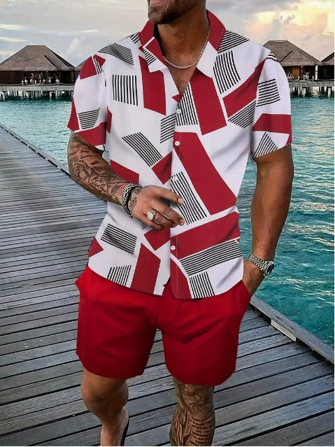 Men's Geometric Striped Print Short‑Sleeve Shirt & Solid Green Shorts 2‑Piece Summer Vacation Set