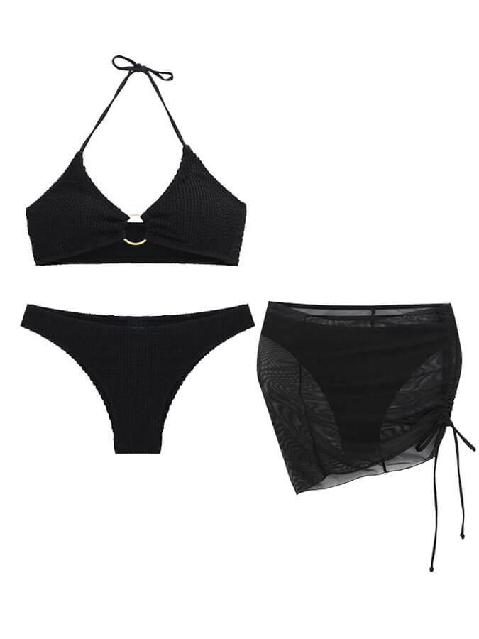 Bikini de tres piezas de un solo color y con cuello halter, muy sexy